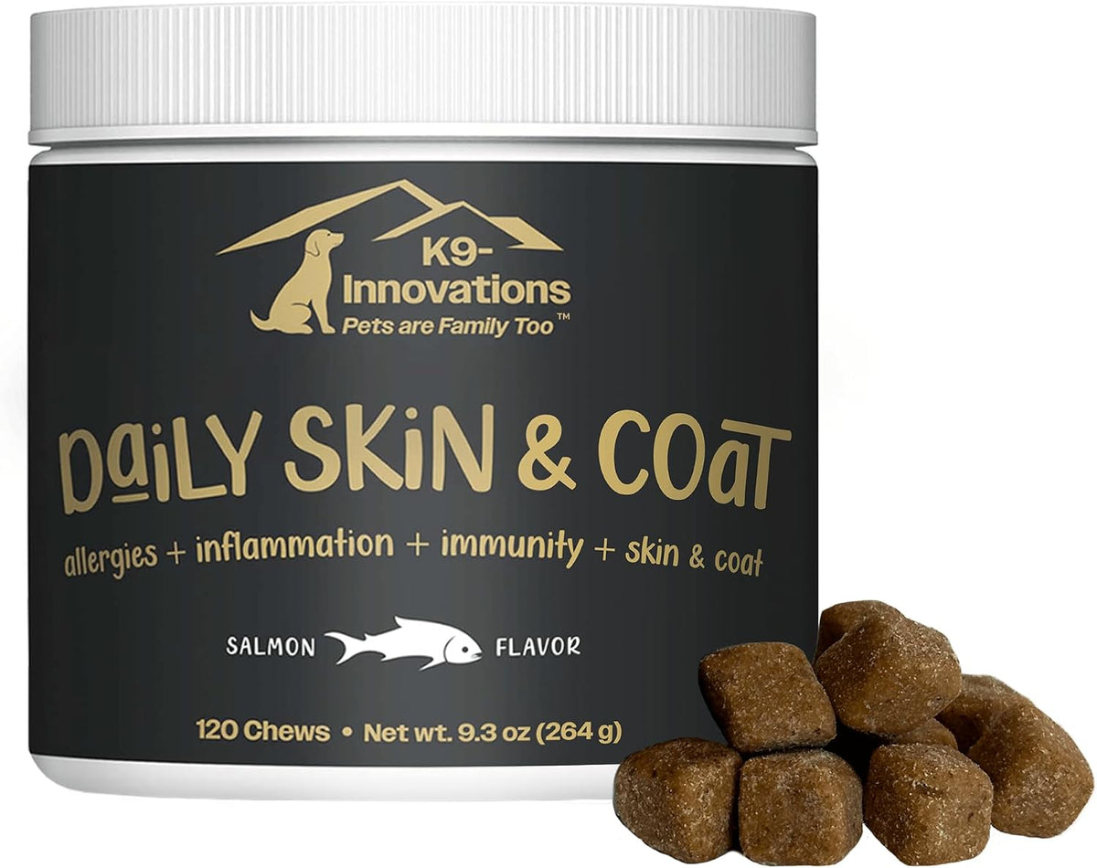 K9-Innovations - Daily Skin & Coat Dog Chews Salmon Flavor - Reduce Itching & Paw Chewing, Omega 3 & VIT C for Skin Health - – Image 1