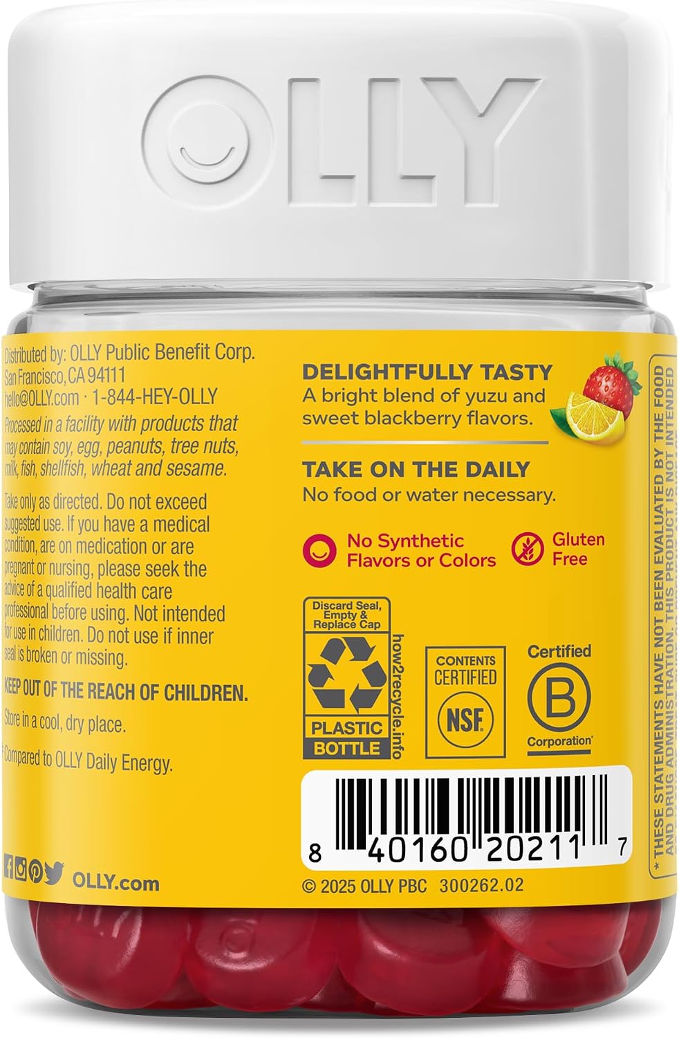 OLLY Extra Strength Daily Energy Gominolas de Vitamina B12, CoQ10 y Goji Berry - Sin Cafeína - 60 Gominolas Sabor Berry Yuzu