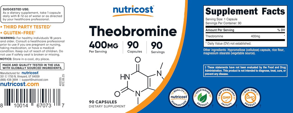 Nutricost Teobromina 400mg, 90 Cápsulas Vegetarianas - Sin Gluten, No Transgénico