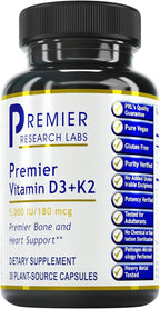 Premier Research Labs Vitamina D3 + K2 - 5000 UI, 180 mcg, 30 Cápsulas Vegetales, Sin Gluten