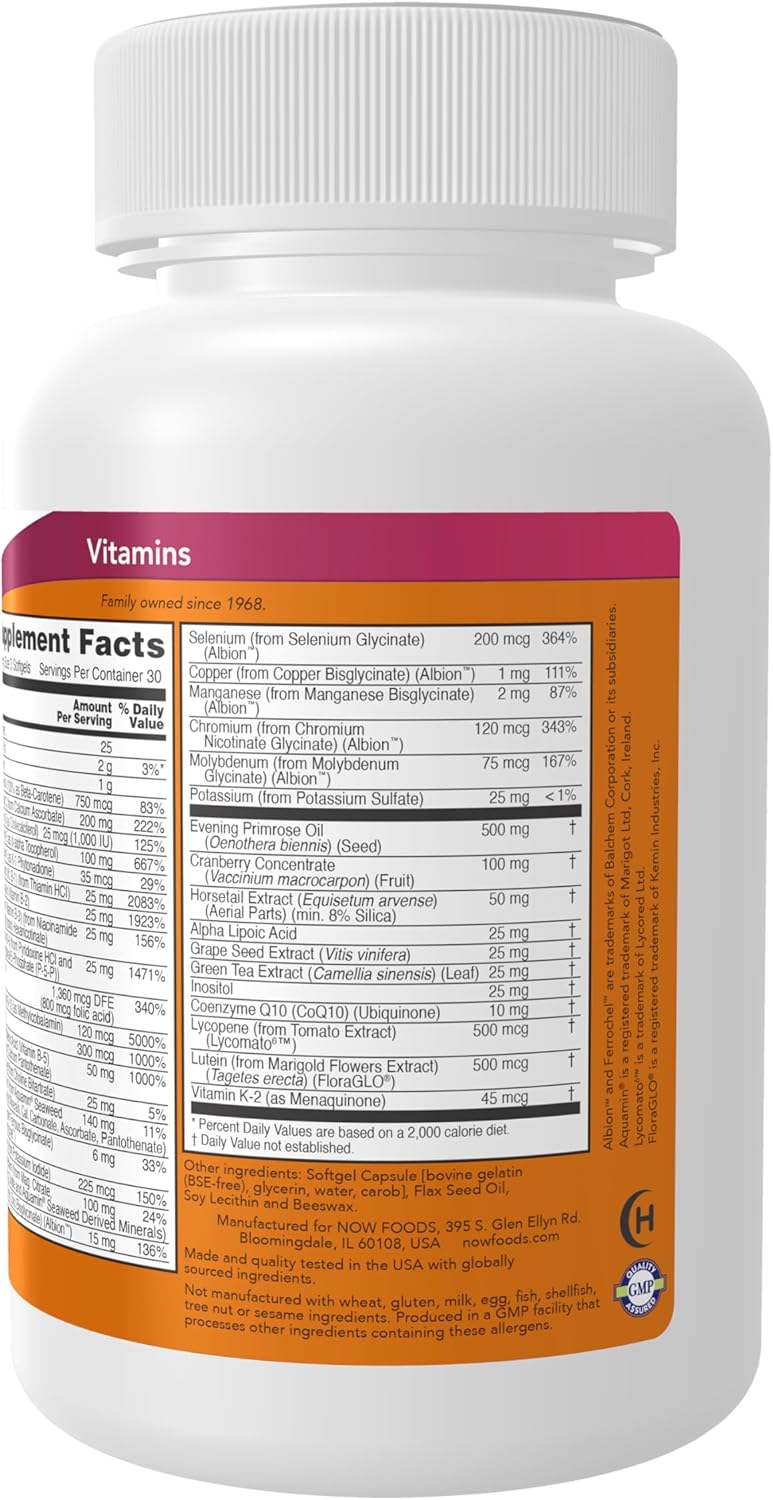 NOW Foods Eve™ Multivitamínico para Mujeres con Onagra, Arándano Rojo, Té Verde, Cola de Caballo y CoQ10, 90 Cápsulas Blandas