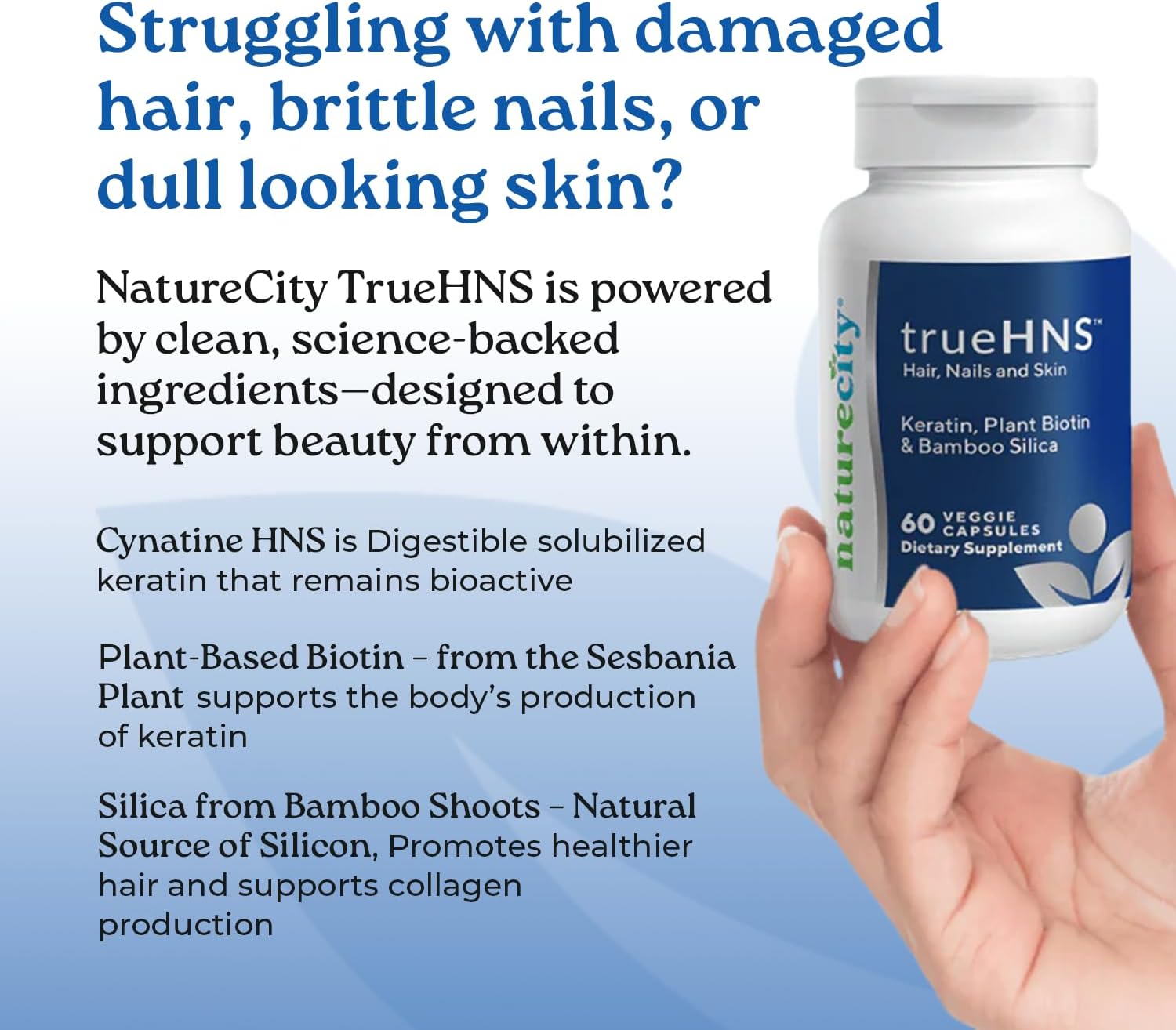NatureCity True-HNS – Suplemento de Biotina Vegetal y Queratina para Cabello, Piel y Uñas | 60 Cápsulas