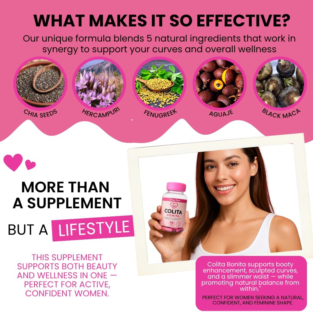 Colita Bonita – Aguaje, Black Maca & Fenugreek Pills – Natural Booty Growth & Hip Shaping Supplement – 60 Cápsulas