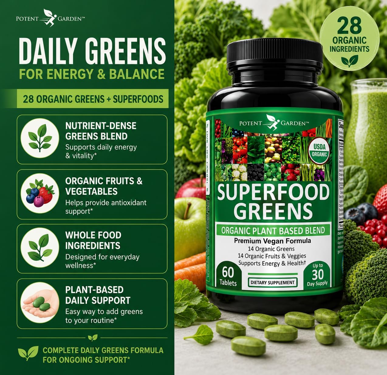 Potent Garden Super Greens Cápsulas - Complemento de Frutas y Verduras Orgánicas, 60 Comprimidos