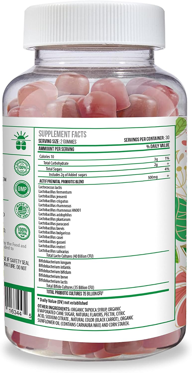 ACTIF Prenatal Probiotic Maximum Strength con 75 mil millones de UFC y 20 cepas, Apoyo Inmunitario y Digestivo, Fórmula Zero Náuseas - 60 Gominolas Sabor Fresa