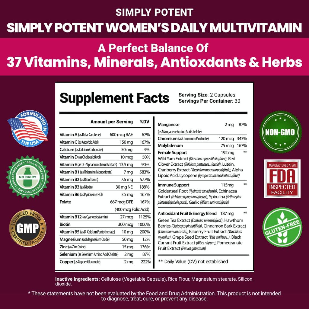 Simply Potent Multivitamínico para Mujeres – 37 Vitaminas y Minerales con Biotina, Té Verde y Complejo B, 60 Cápsulas