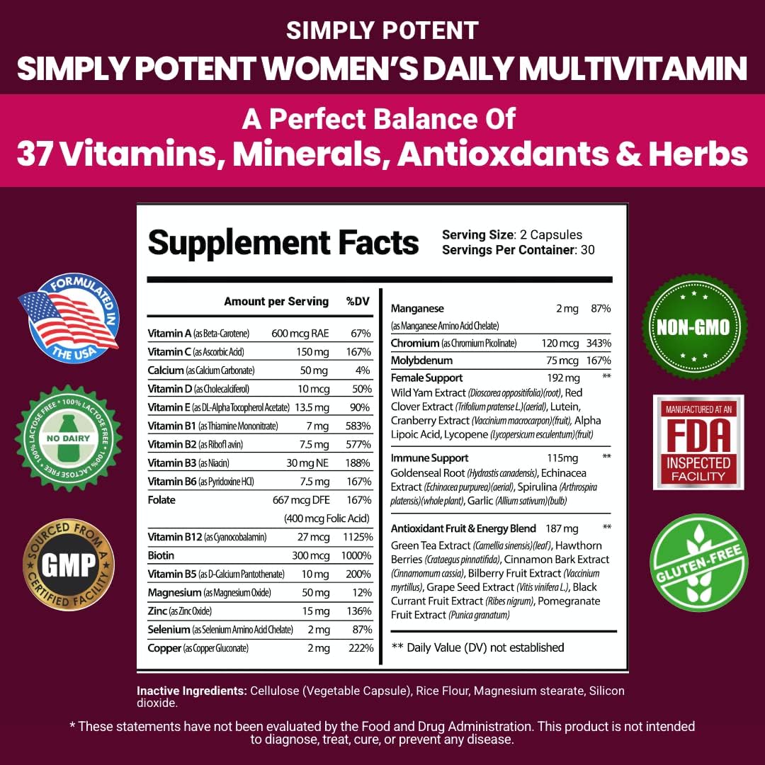 Simply Potent Multivitamínico para Mujeres – 37 Vitaminas y Minerales con Biotina, Té Verde y Complejo B, 60 Cápsulas