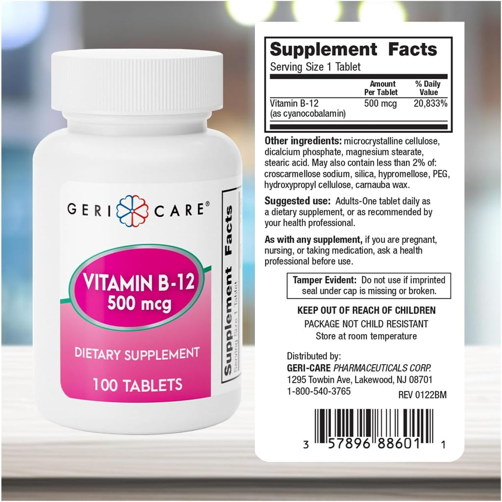 GeriCare Vitamina B12 500mcg – 100 Comprimidos para Energía y Salud Cerebral