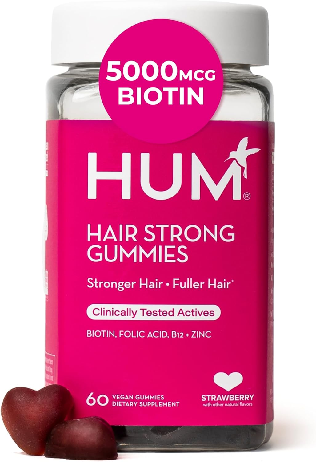 HUM Hair Strong Daily Hair Growth Gummies con Biotina, Zinc, Vitamina B12, 60 Gominolas