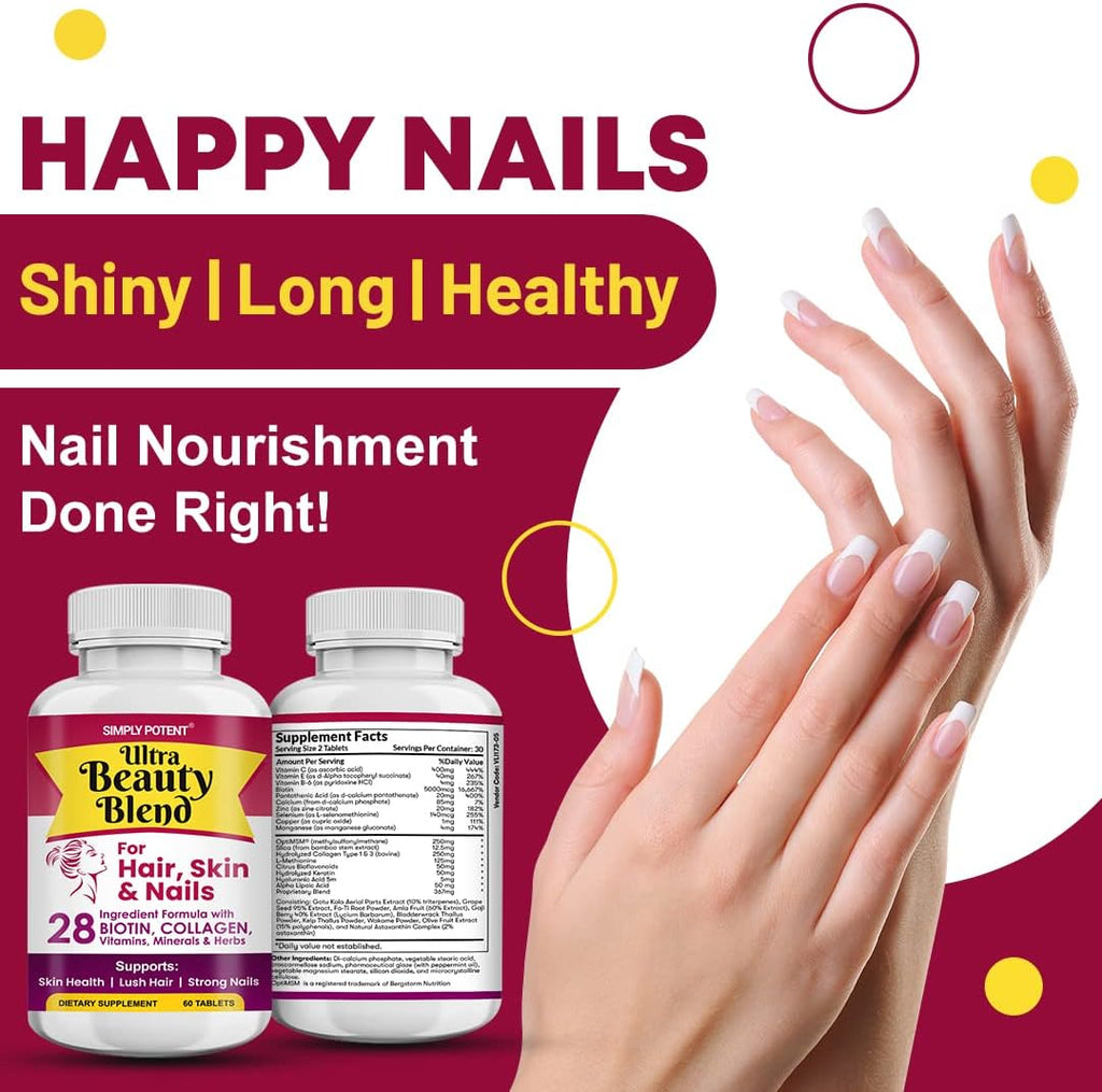 Simply Potent Vitaminas para Piel, Cabello y Uñas - 28 Ingredientes, Biotina 5000mcg, Queratina, MSM, Colágeno, Ácido Hialurónico - 60 Comprimidos