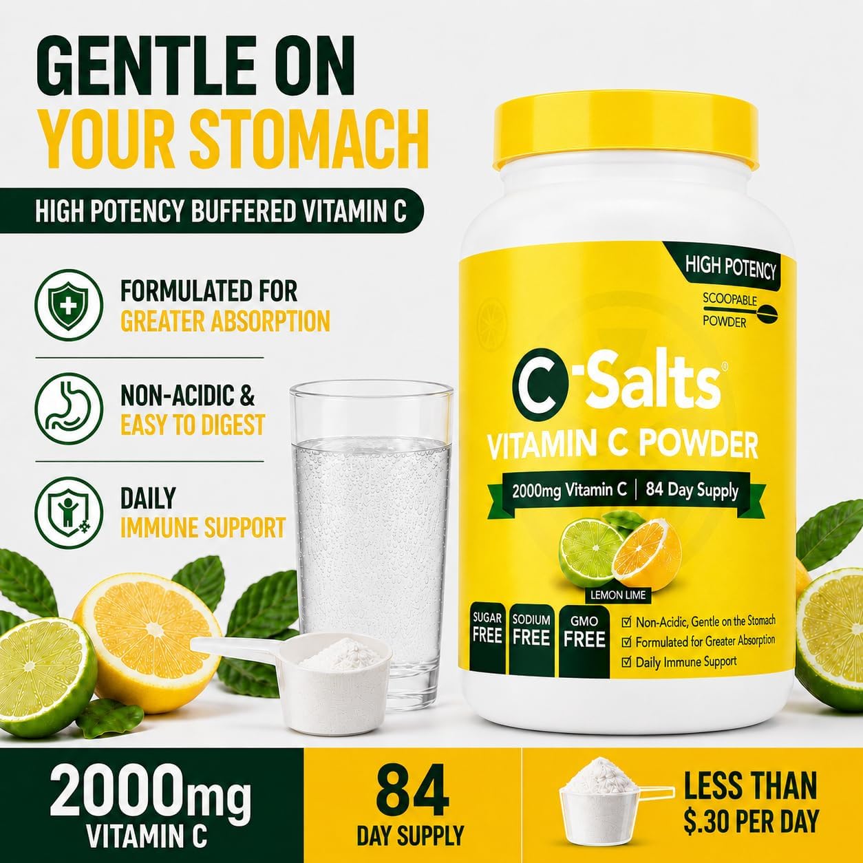 C-Salts Buffered Vitamin C Powder - Vitamina C en Polvo Orgánica, Suave para el Estómago, 84 Dosis (Lemon Lime, 227g)