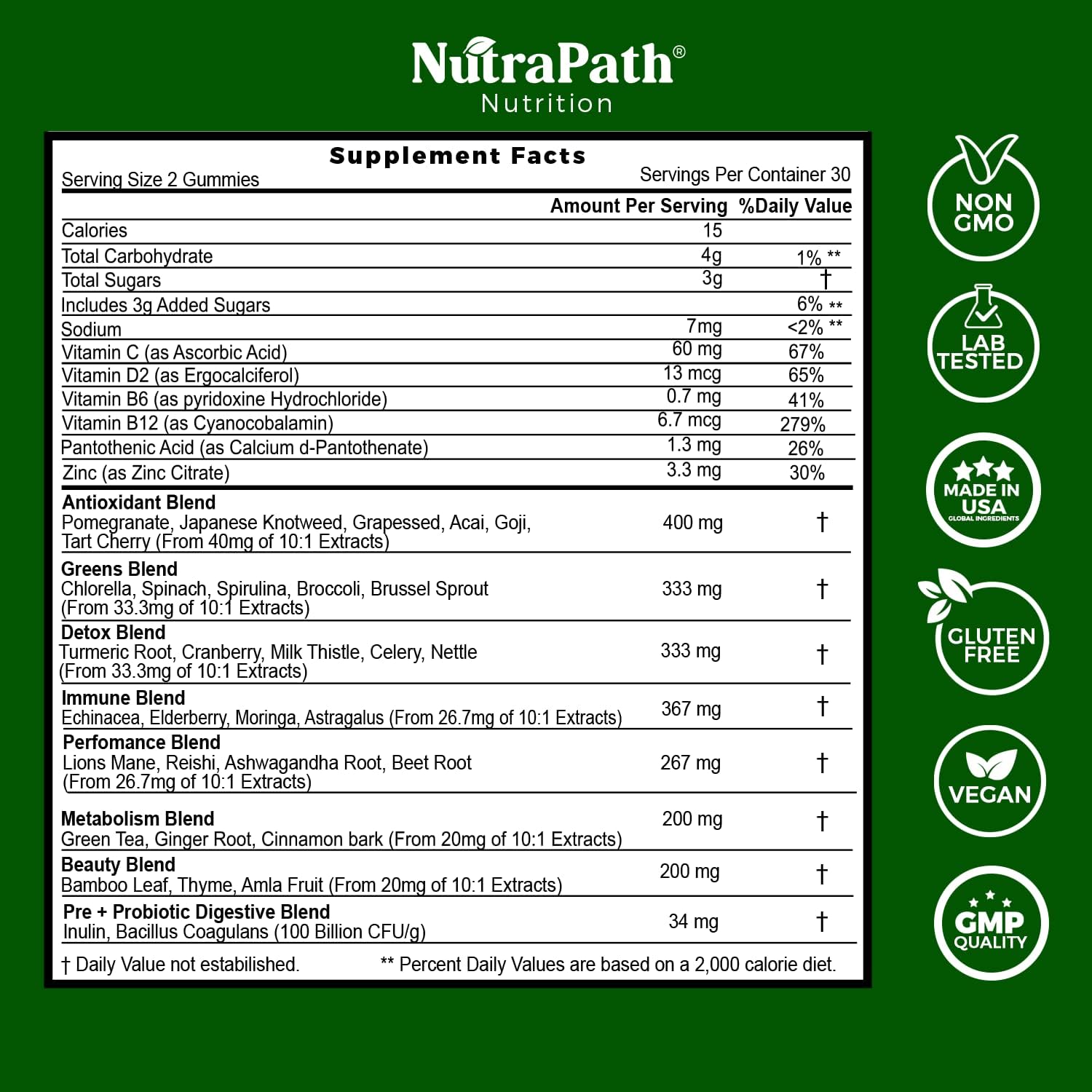 NutraPath Superfood Daily Greens Gummies - 60 Gominolas de Superalimentos y Verduras