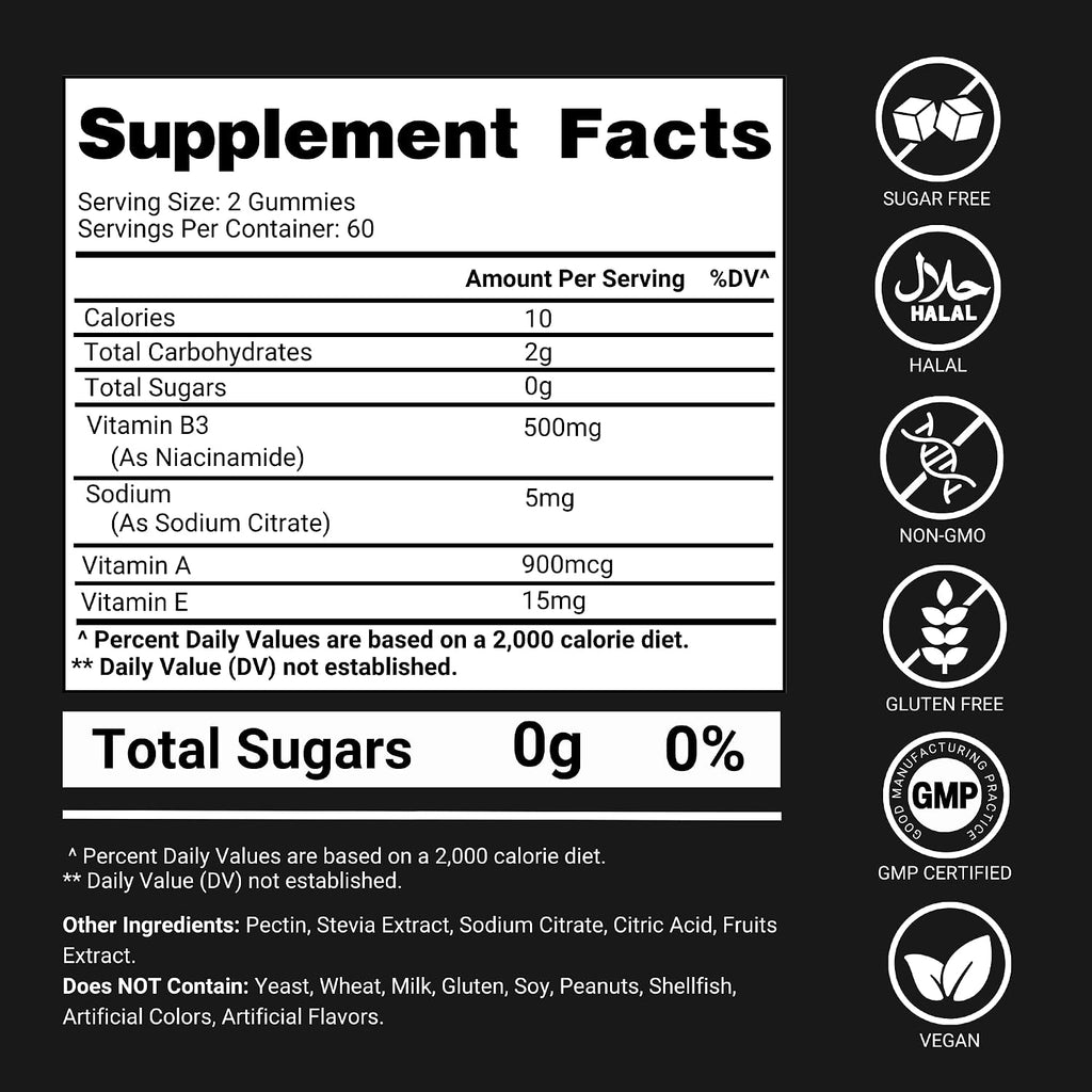 Premium Select Nutrition – Vitamina B3 Gominolas de Niacinamida 500mg – Sin Rubor – con Vitaminas A y E – 120 Gominolas Veganas – Sin OGM, Sin Azúcar, Sin Gluten – Suministro para 2 Meses