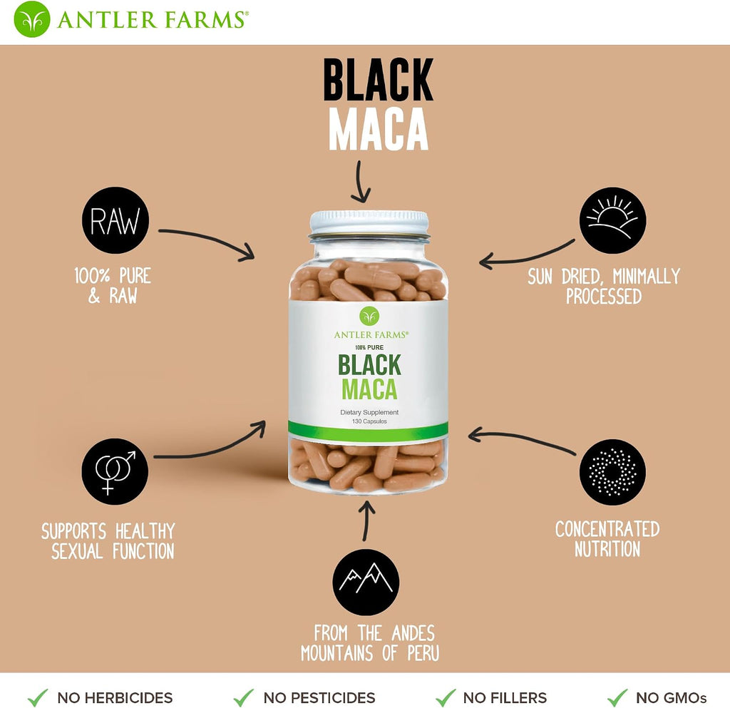 Antler Farms - Maca Negra Pura 100% - 130 Cápsulas de 1500mg