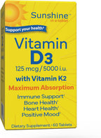 Sunshine Vitamina D3 con K2, 5000 UI D3 + 100 mcg K2, 60 Comprimidos