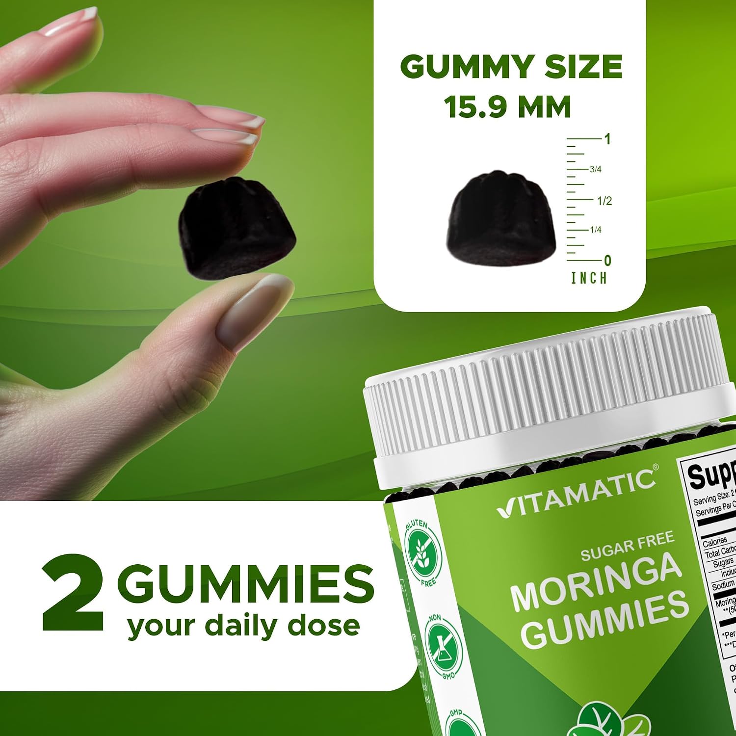 Vitamatic Moringa Gummies – Sin Azúcar – Extracto 50:1 – Superalimento Verde – A base de Pectina – Vegano – No transgénico – 240 Gominolas