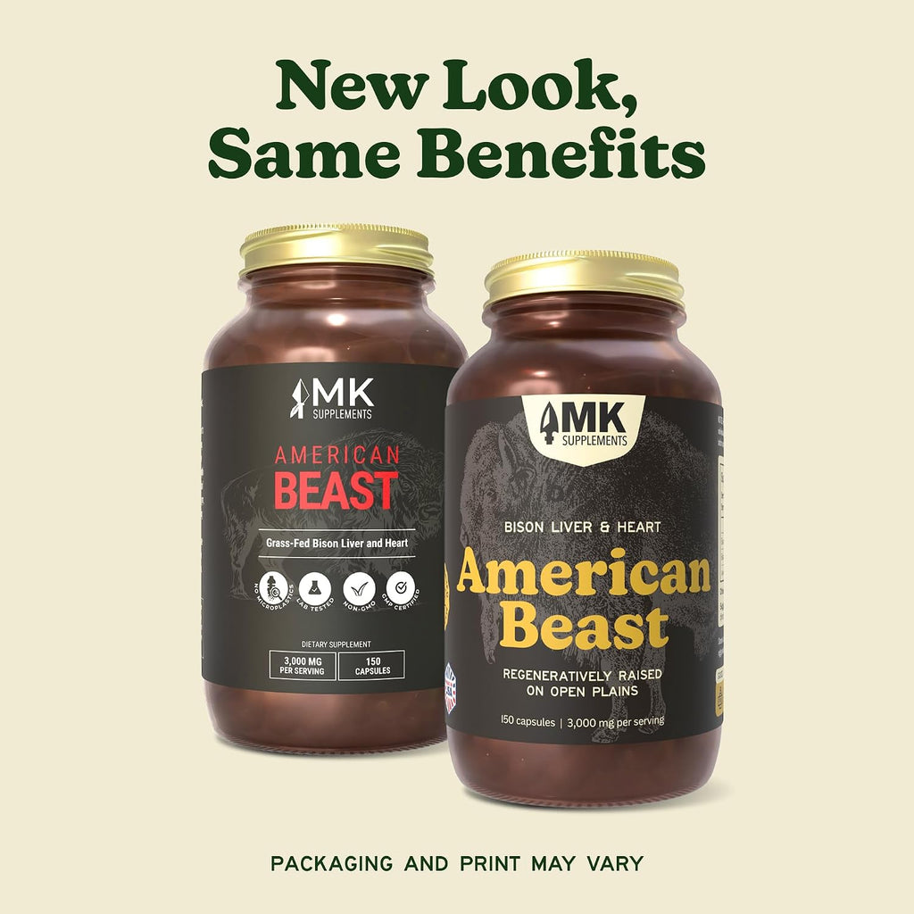 MK Supplements American Beast Cápsulas de Hígado y Corazón de Bisonte, 150 cápsulas