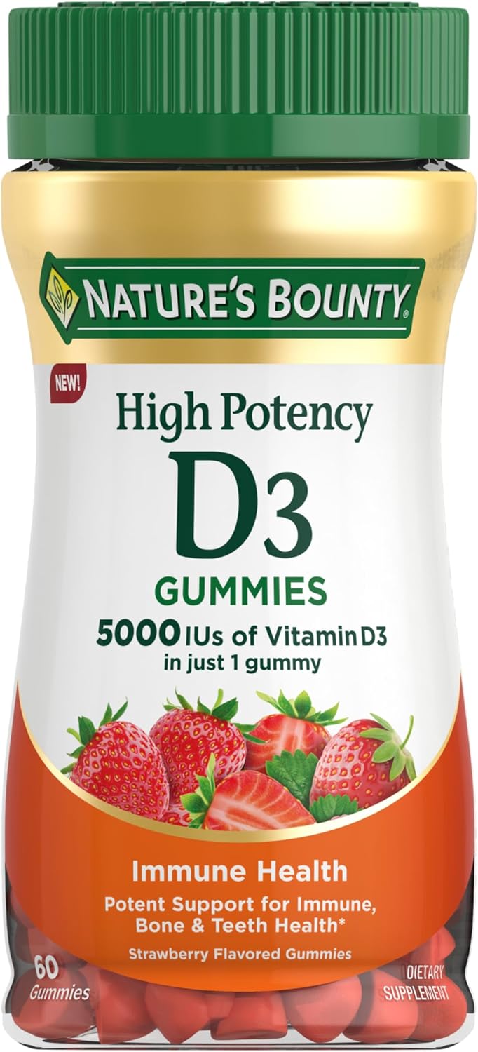 Nature's Bounty Vitamina D3 5000 UI Gominolas, Alto Potencia, Sabor Fresa, 60 Gominolas Vegetarianas