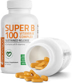 Bronson Super B100 Complejo de Vitamina B Liberación Sostenida con Todas las Vitaminas B (Vitamina B1, B2, B3, B6, B9 - Ácido Fólico, B12), 60 Comprimidos
