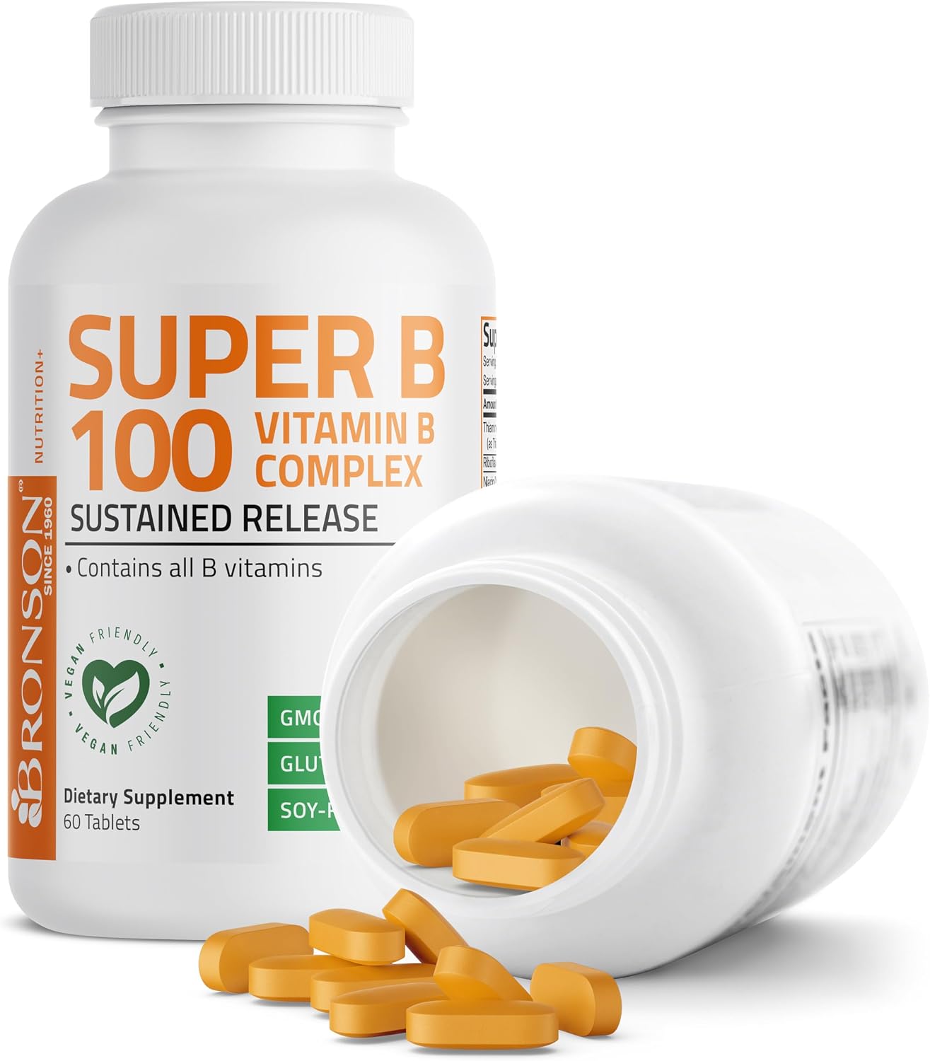 Bronson Super B100 Complejo de Vitamina B Liberación Sostenida con Todas las Vitaminas B (Vitamina B1, B2, B3, B6, B9 - Ácido Fólico, B12), 60 Comprimidos