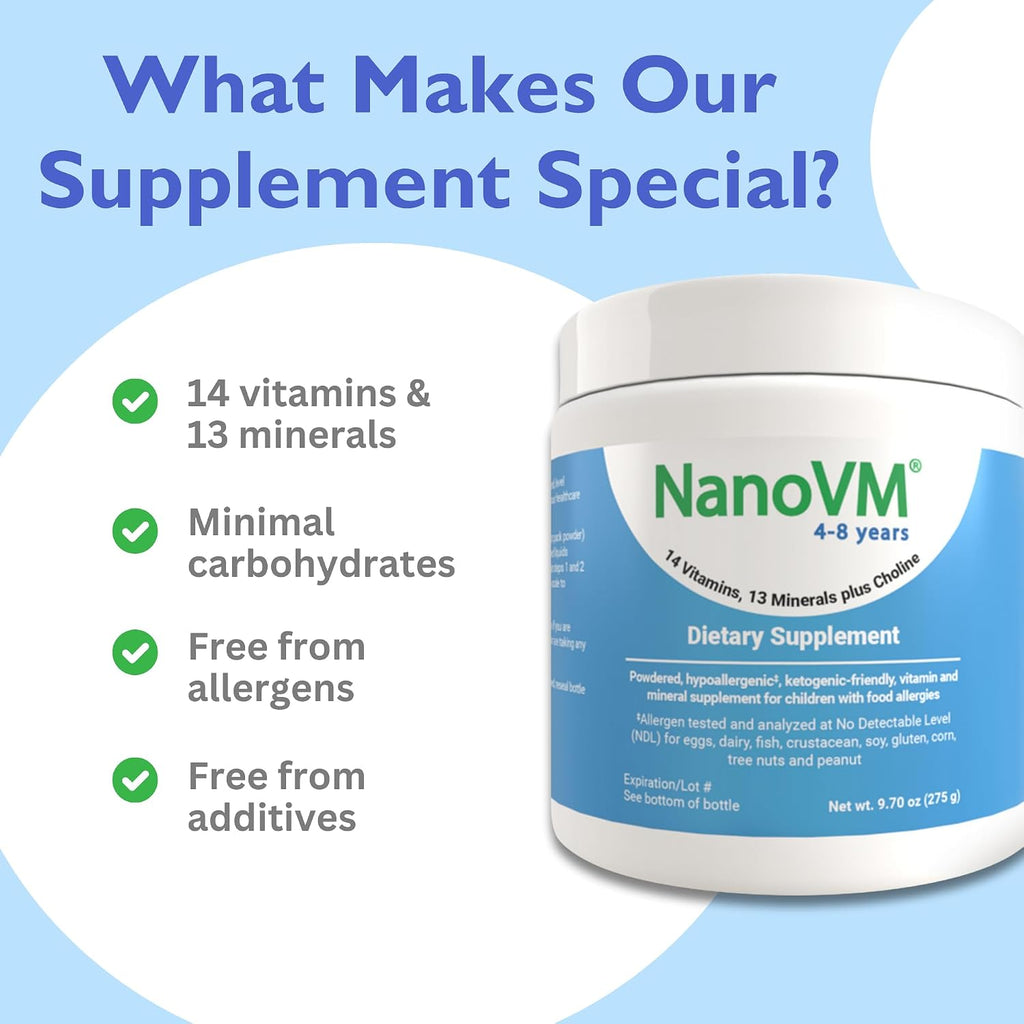 NanoVM Multivitamínico Infantil sin Alérgenos, 4-8 Años, Polvo sin Sabor, 275g
