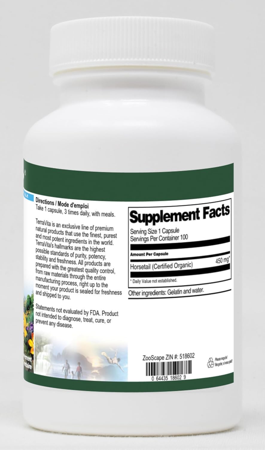 TerraVita Cola de Caballo (Horsetail) Orgánica Certificada - 450 mg - 100 Cápsulas - Pack de 3