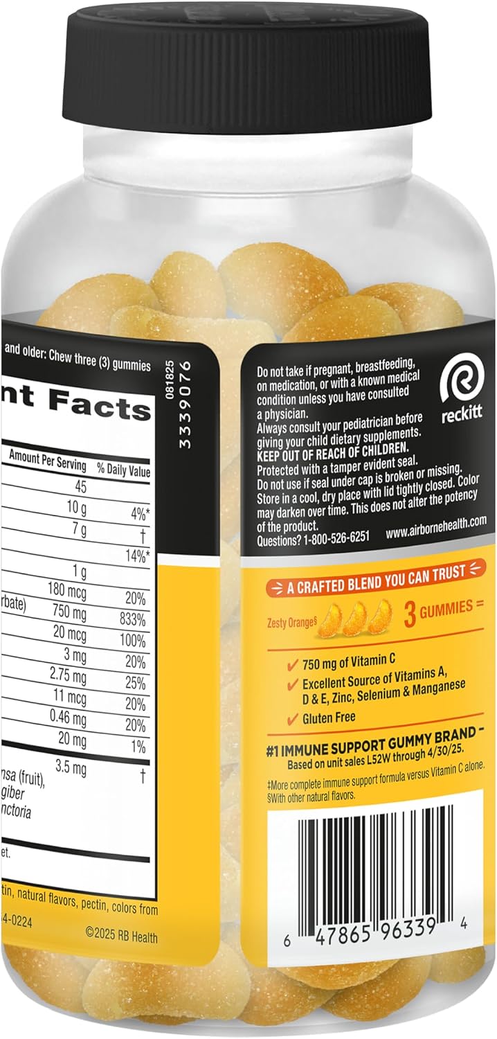 Airborne Immune Support Gummies, Orange Flavor, 63 Count – 750 mg Vitamin C + Vitamins A, D & E + Zinc, Selenium & Manganese | Herbal Blend | Natural Flavor