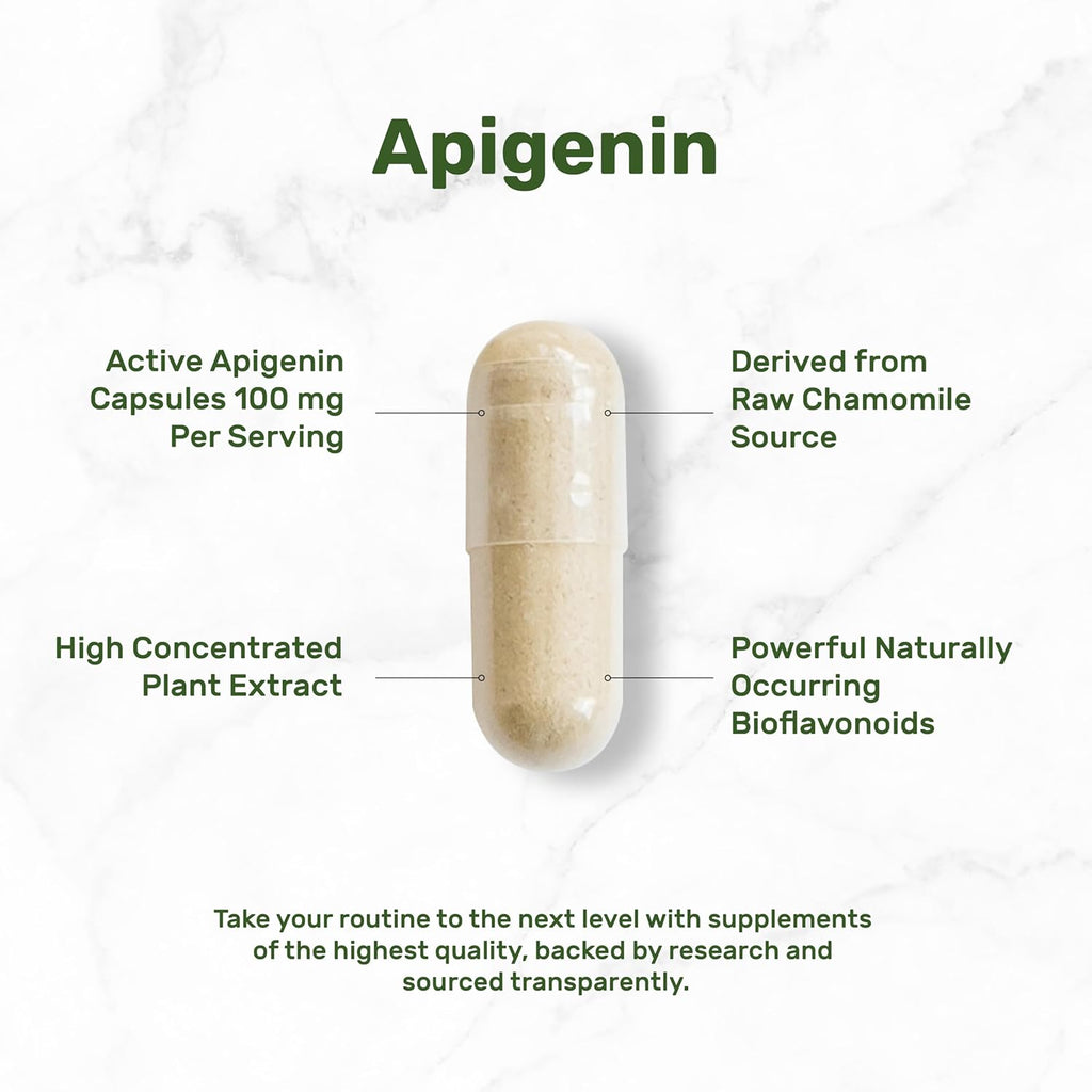 Apigenina, 100mg por dosis, 240 Cápsulas – Extracto Vegetal de Manzanilla – Bioflavonoides y Antioxidantes – Suplemento para Sueño y Relajación – No GMO