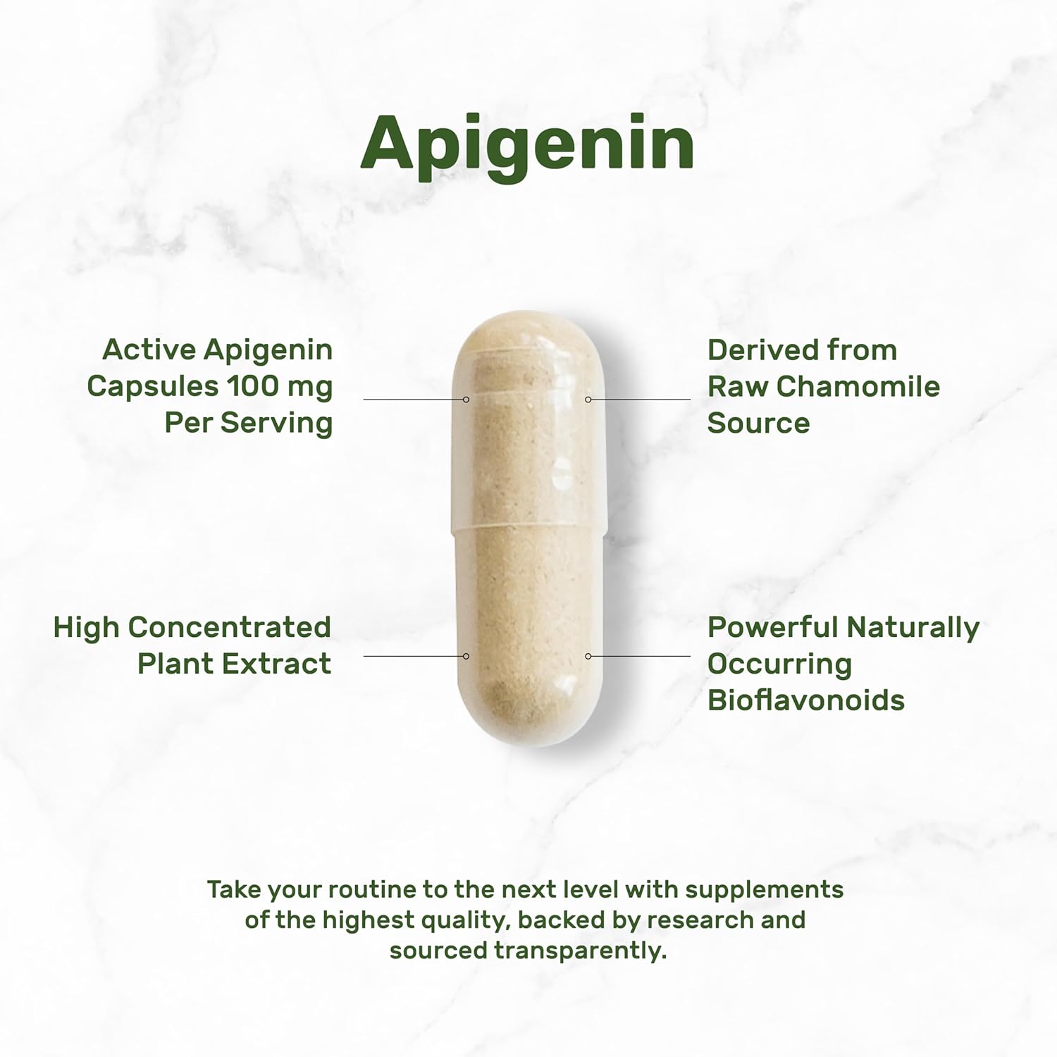 Apigenina, 100mg por dosis, 240 Cápsulas – Extracto Vegetal de Manzanilla – Bioflavonoides y Antioxidantes – Suplemento para Sueño y Relajación – No GMO