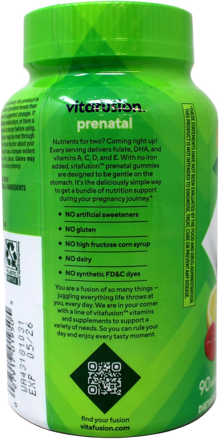 Vitafusion Vitaminas Prenatales en Gomitas, Sabores Naturales Frambuesa, Limón y Limonada, 90 Gomitas (Paquete de 2)