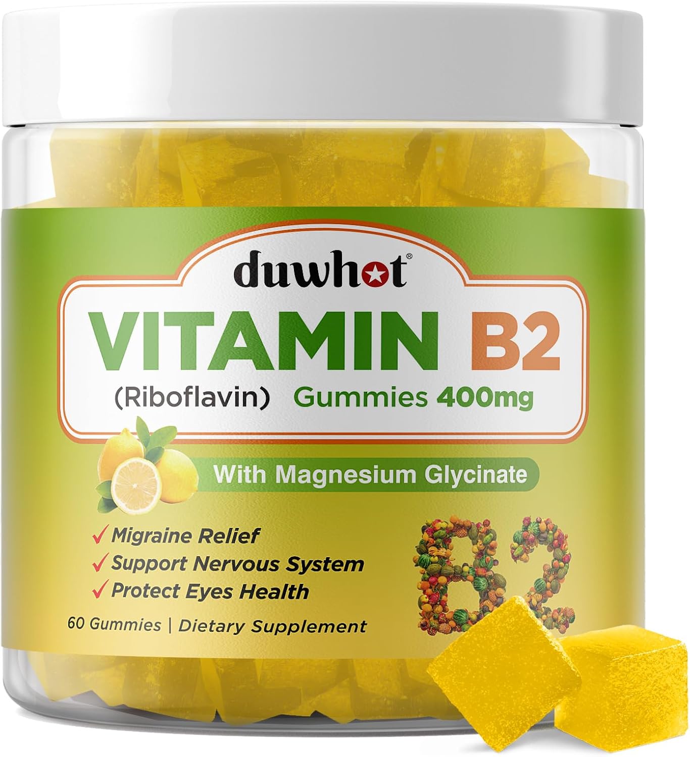 Duwhot Gominolas de Vitamina B2 con Magnesio - Riboflavina 400 mg - 60 Gomitas Veganas
