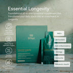 Essential Longevity® — 100% Liposomal 15-in-One Stack. NAD+ Precursor Nicotinamida, Quercetina, C, D3, B12, Magnesio Glicinato, Melena de León, Chaga, Agaricus, Taurina, Hialuronato Sódico. 30 Sobres.