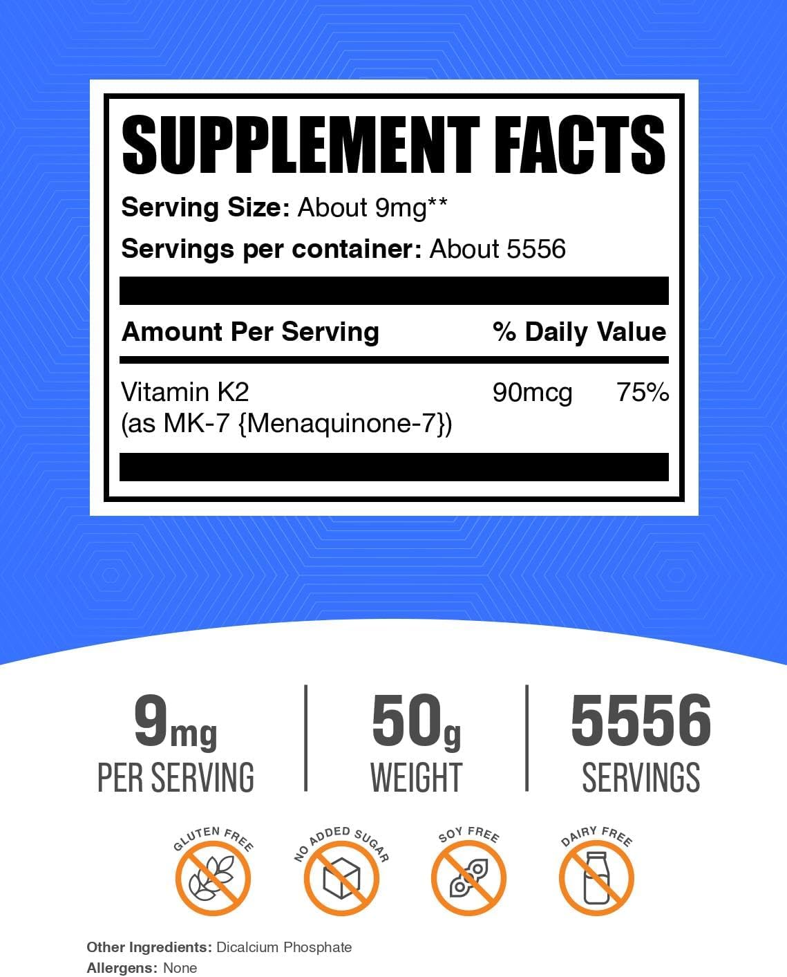 Vitamina K2 MK-7 en Polvo - Menaquinona - Complemento Alimenticio, Sin Gluten, 9mg por Ración, 50g