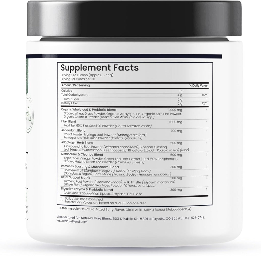 Nature's Pure Blend Super Greens Powder – Polvo Orgánico de Superalimentos con Probióticos – Sabor Matcha – 30 Dosis