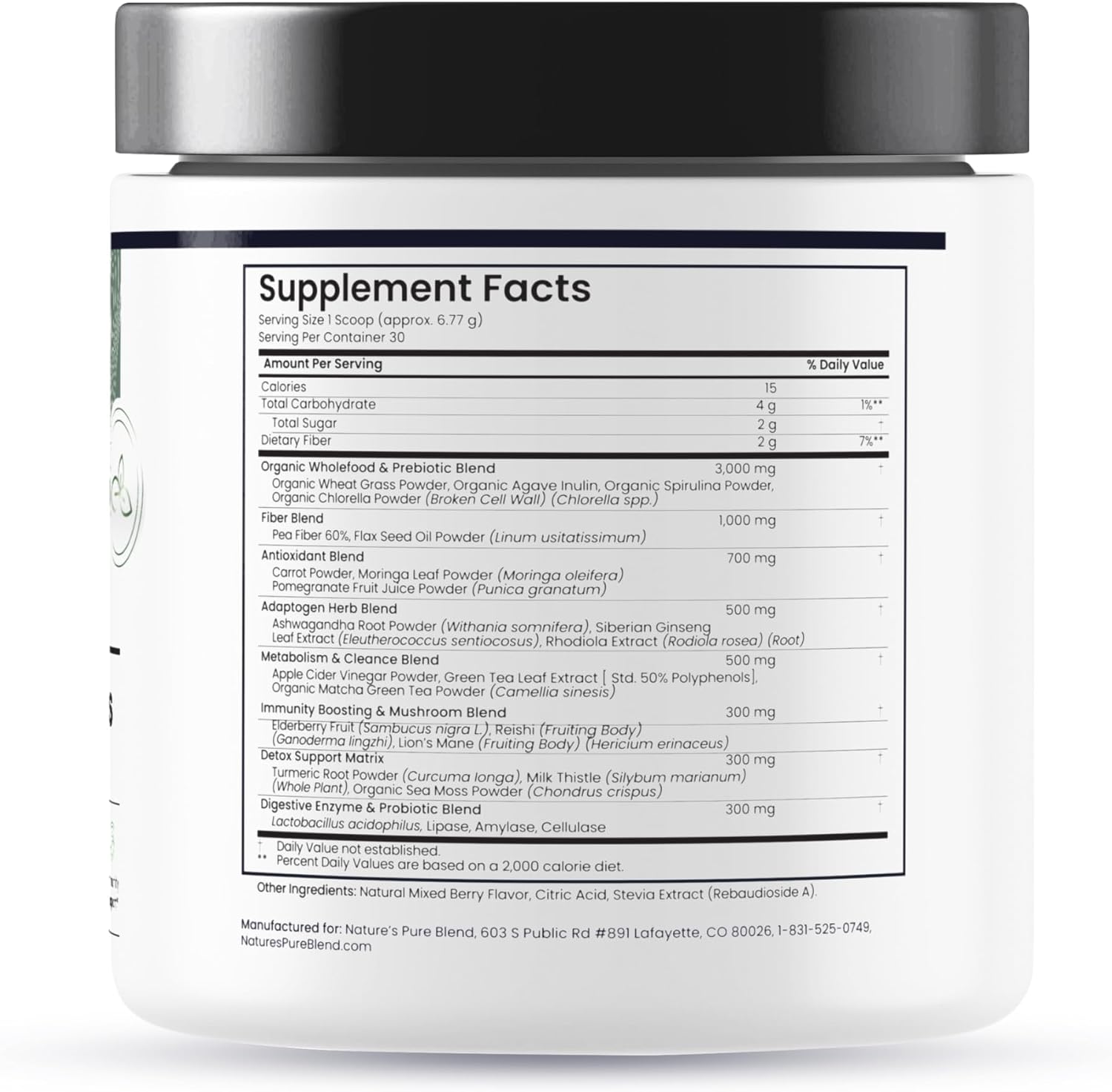 Nature's Pure Blend Super Greens Powder – Polvo Orgánico de Superalimentos con Probióticos – Sabor Matcha – 30 Dosis