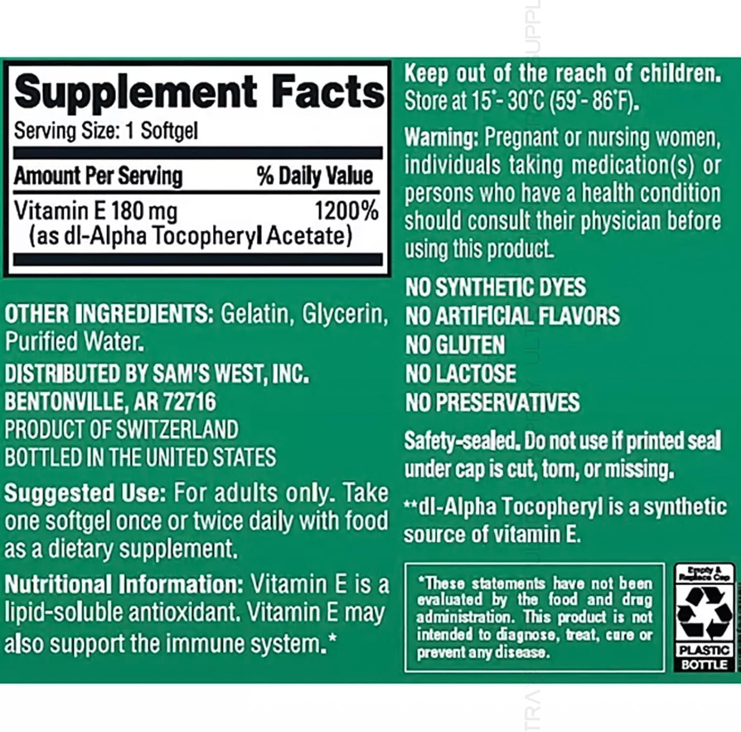 Vitamina E (400 UI) 180 mg, 500 Cápsulas Blandas - Members Mark
