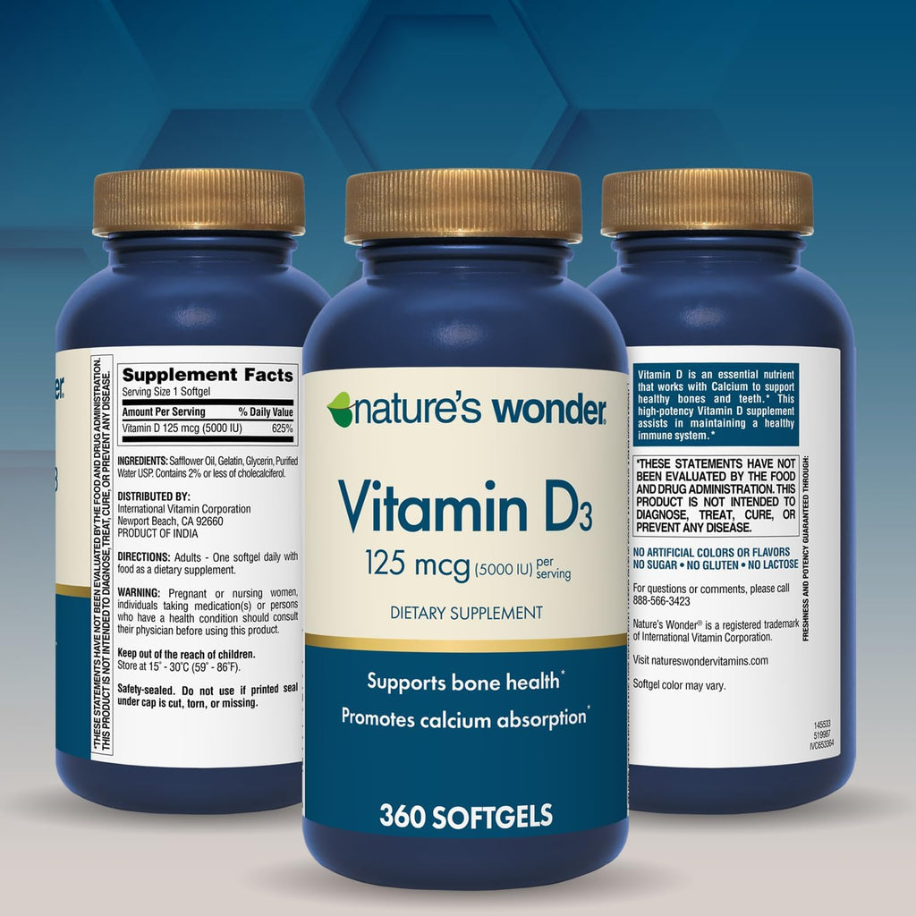 Nature's Wonder Vitamina D3 5000 UI (125 mcg) Alta Potencia, Suplemento para la Salud Ósea e Inmunidad, Sin Gluten, 360 Cápsulas Blandas, Suministro para 1 Año