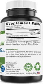 Brieofood Cat's Claw 1000 mg por dosis - 240 cápsulas - Non-GMO, sin gluten