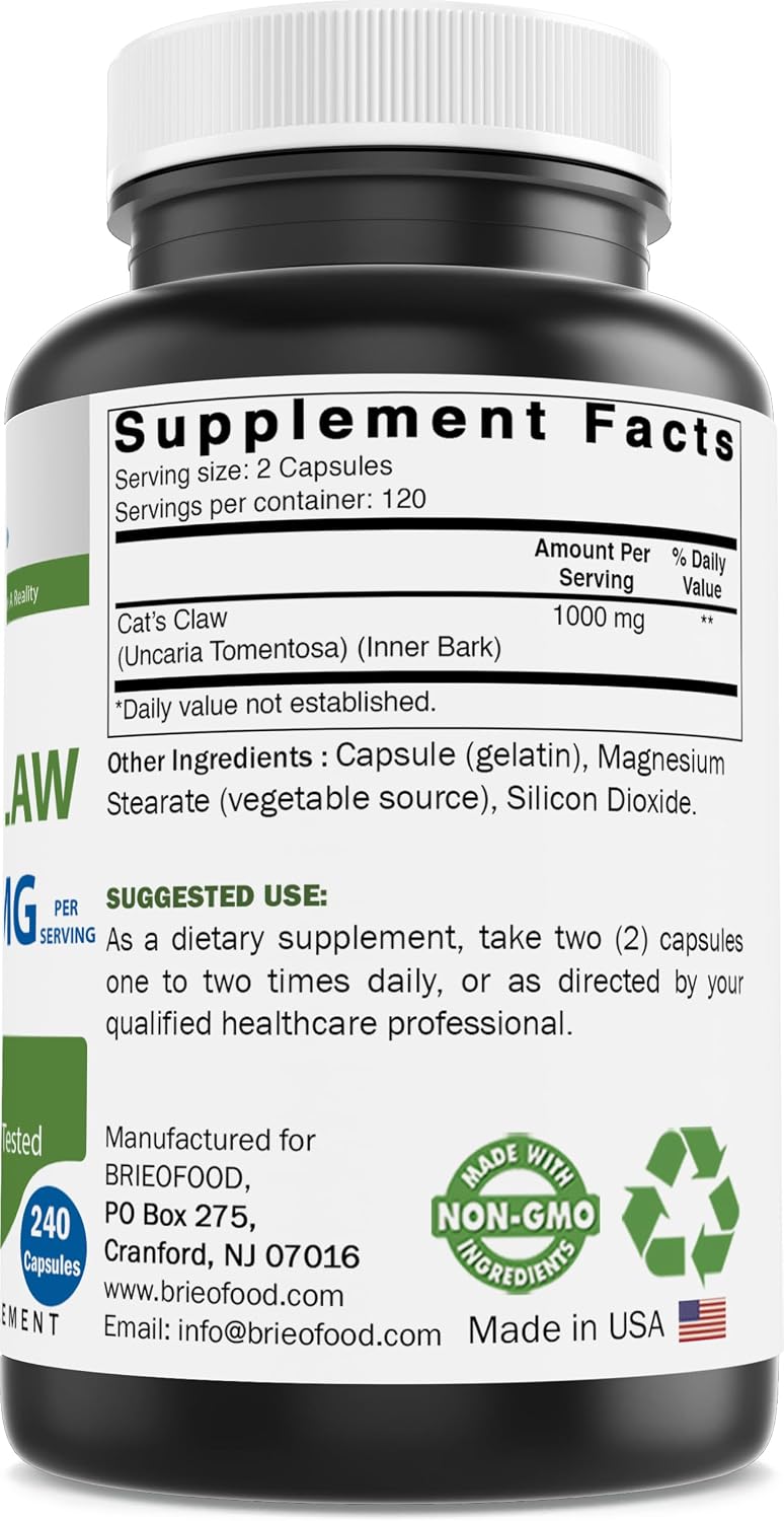 Brieofood Cat's Claw 1000 mg por dosis - 240 cápsulas - Non-GMO, sin gluten