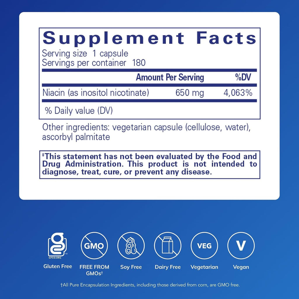 Pure Encapsulations Niacitol 650 mg | Niacina sin rubor para el metabolismo y la salud de la piel | 180 cápsulas