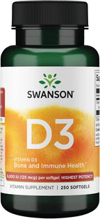 Swanson Vitamina D3 5000 UI - 125 mcg de Colecalciferol (250 Cápsulas Blandas)