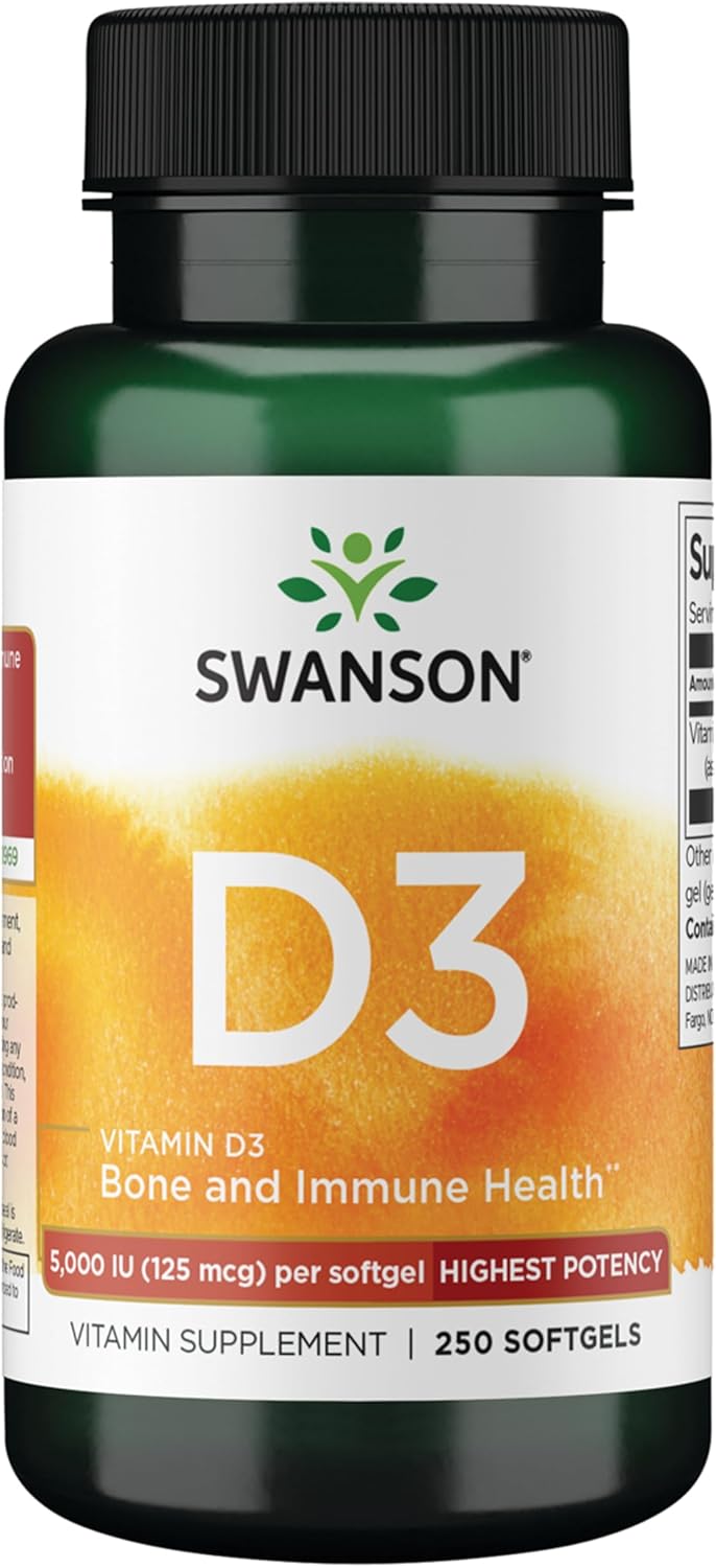 Swanson Vitamina D3 5000 UI - 125 mcg de Colecalciferol (250 Cápsulas Blandas)
