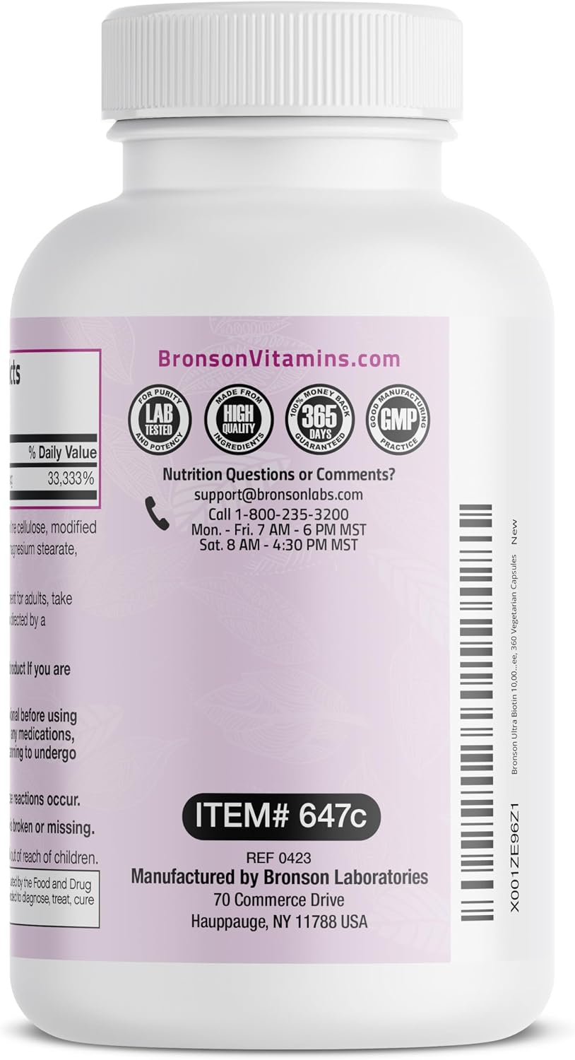 Bronson Ultra Biotina 10.000 mcg - Complemento para Cabello, Piel y Uñas - 360 Cápsulas Vegetales