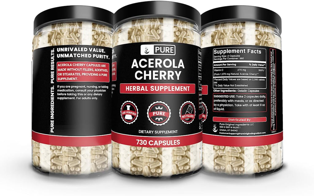 Pure Original Ingredients Acerola Cherry (730 Cápsulas) - Sin Rellenos de Magnesio o Arroz, Siempre Puro, Verificado en Laboratorio