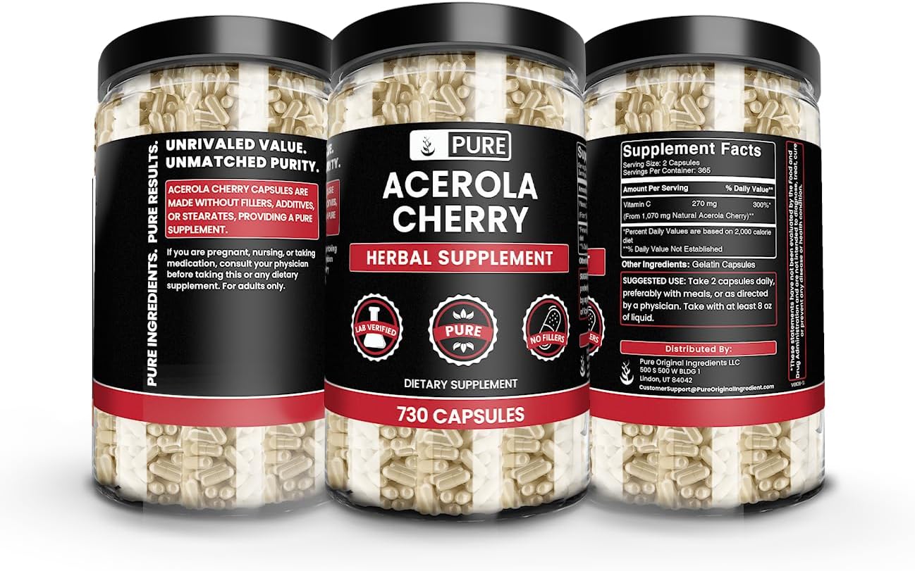 Pure Original Ingredients Acerola Cherry (730 Cápsulas) - Sin Rellenos de Magnesio o Arroz, Siempre Puro, Verificado en Laboratorio