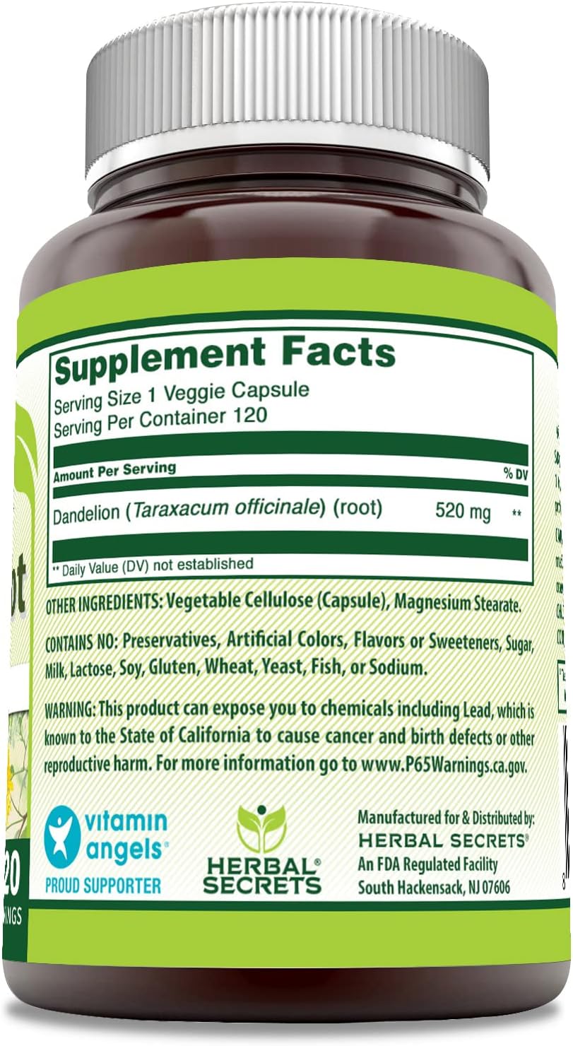 Herbal Secrets Dandelion Root Supplement | 520 mg | 120 Cápsulas Vegetales