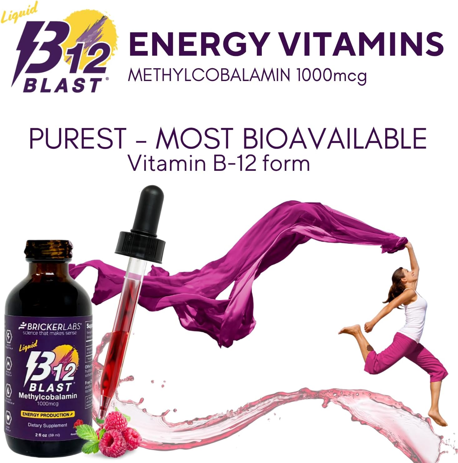 Bricker Labs B12 Blast Metilcobalamina 1000mcg - Suplemento Líquido Sublingual de Vitamina B12, Vegano, 59 Dosis