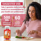 Gominolas de Vitamina B1 500mg con Magnesio, Suplemento de Tiamina para Adultos y Niños, Sabor Frambuesa, Pack de 2 (120 unidades)