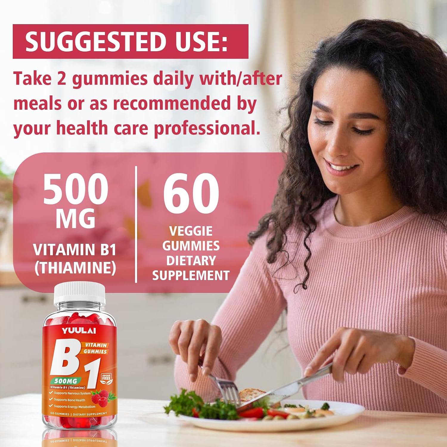 Gominolas de Vitamina B1 500mg con Magnesio, Suplemento de Tiamina para Adultos y Niños, Sabor Frambuesa, Pack de 2 (120 unidades)