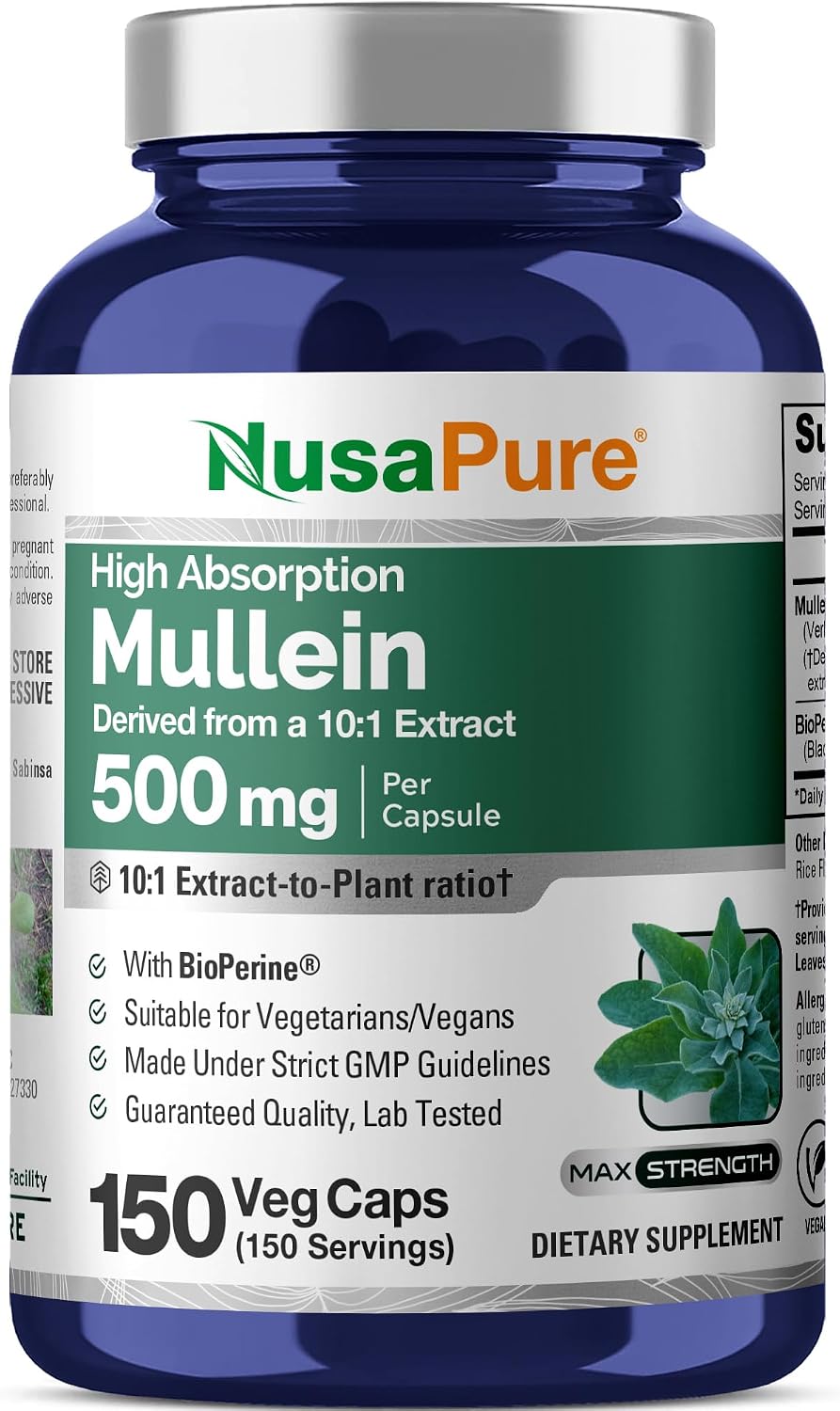 NusaPure Cápsulas de Hoja de Gordolobo, 500 mg, 150 Cápsulas Vegetales (No OGM, Vegano)